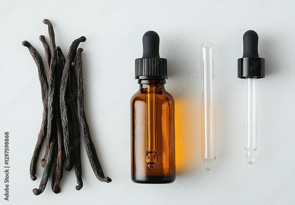 Amber glass dropper bottle with vanilla pods and droppers on white background showcasing natural flavor and aroma extraction concepts clearly