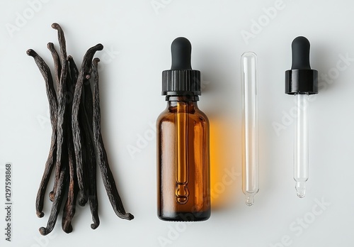 Obraz na płótnie Amber glass dropper bottle with vanilla pods and droppers on white background showcasing natural flavor and aroma extraction concepts clearly w salonie