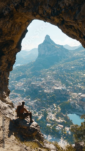 Hiker Contemplates Panoramic Mountain Valley View from Cave
