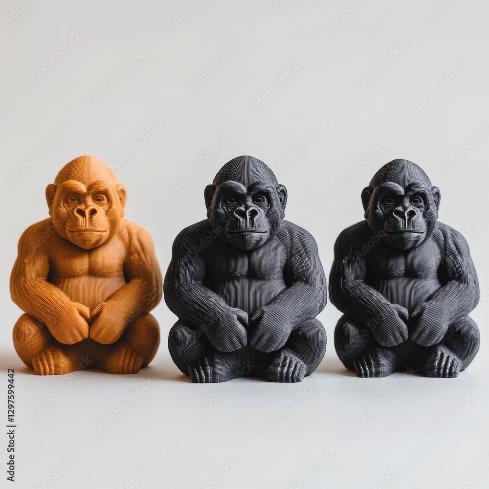 Fototapeta premium 3D Printed Gorilla Toys in Three Colors on White Background