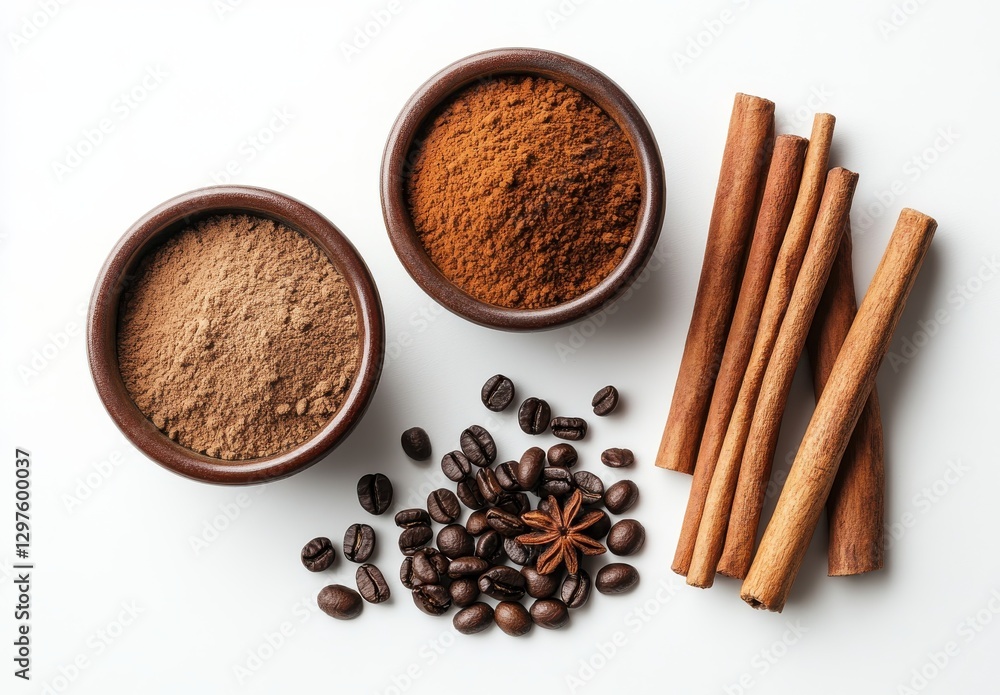 Aromatic Spices and Coffee Ingredients on a Clean White Surface Featuring Cinnamon, Ground Coffee, and Coffee Beans for Culinary Inspiration Aromatic Spices and Coffee Ingredients on a Clean White Surface Featuring Cinnamon, Ground Coffee, and Coffee Beans for Culinary Inspiration