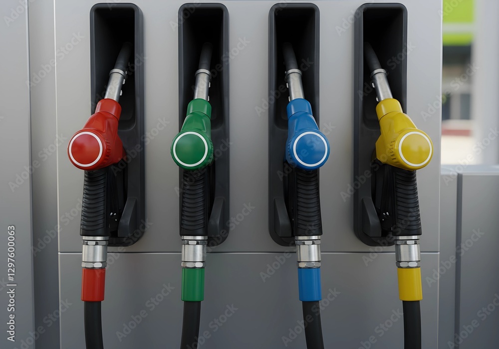 A front-facing close-up view of four gasoline pump nozzles in a gas station, each with a different color: red, green, blue, and yellow. The nozzles are symmetrically arranged in a row, attached to bla A front-facing close-up view of four gasoline pump nozzles in a gas station, each with a different color: red, green, blue, and yellow. The nozzles are symmetrically arranged in a row, attached to bla