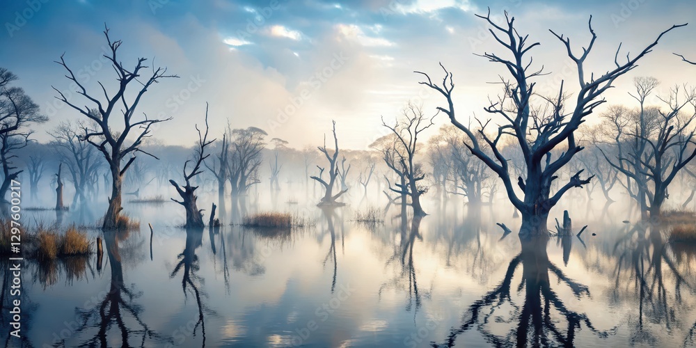 Obraz premium A mist-shrouded swamp landscape with twisted dead trees standing like skeletal sentinels amidst a sea of fog, their branches grasping towards an unseen sky , decaying nature, foggy landscapes