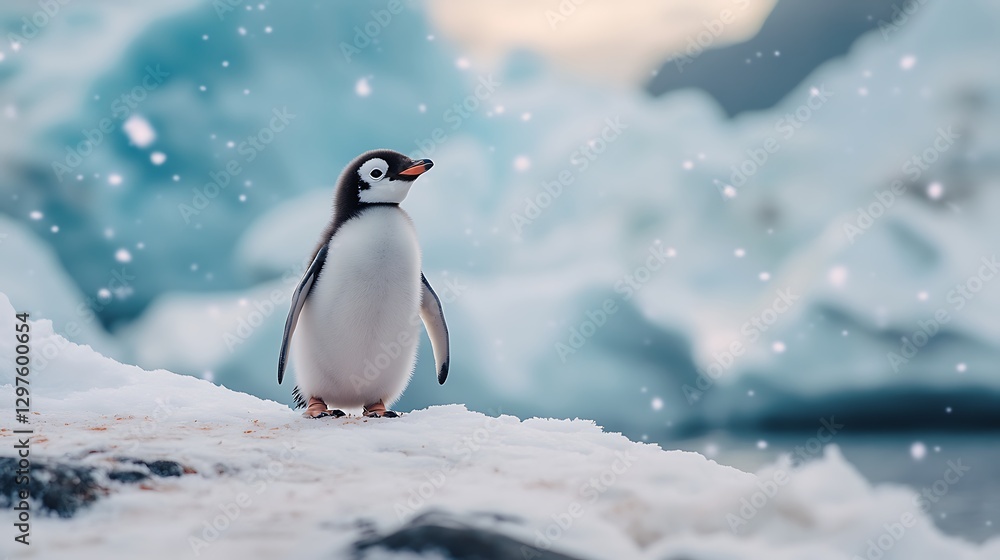 Obraz premium A solitary penguin standing on a snowy landscape with blurred icy background and gentle snowfall, reflecting tranquility in a cold environment