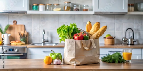 A grocery bag sitting on a kitchen counter with various food items and utensils scattered around it, home, everyday,  home