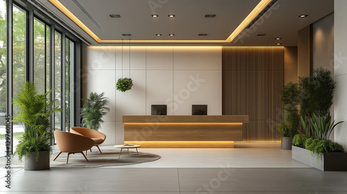 Modern office lobby with minimal design, embodying simplicity and professionalism in a clean, natural light setting.