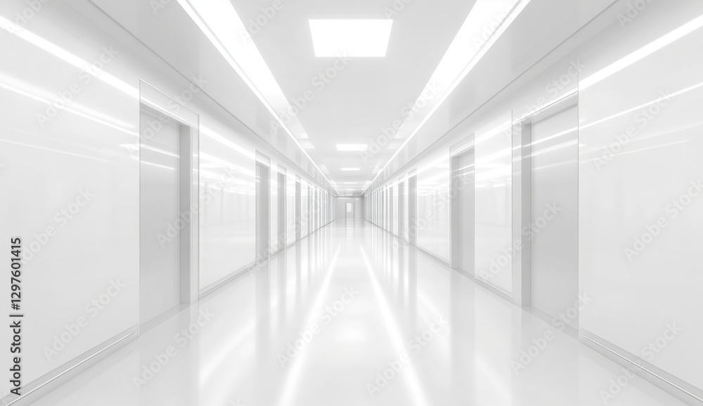 Modern white hallway perspective with doors and bright lighting Modern white hallway perspective with doors and bright lighting