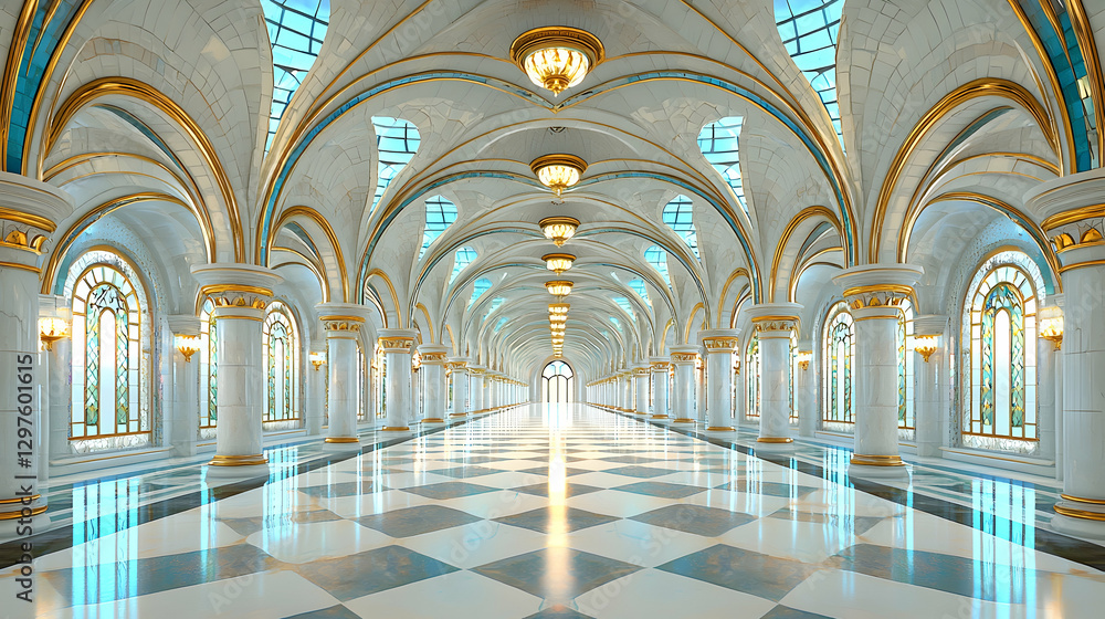 Fototapeta premium Symmetrical palace corridor features white marble columns with gold trim and a checkered floor.