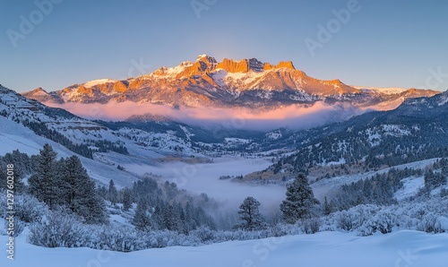 Wallpaper Mural snowy mountain range at sunrise, with golden light reflecting off the peaks and misty clouds in the valleys, Generative AI Torontodigital.ca