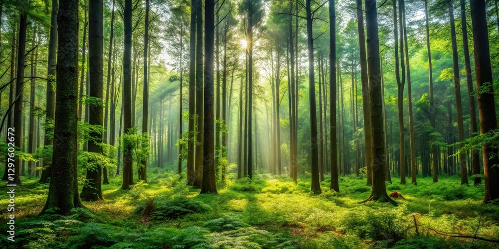 Fototapeta premium Dense forest with tall trees and underbrush , wild, , wild,forest, flora, outdoors, fauna, terrain, vegetation