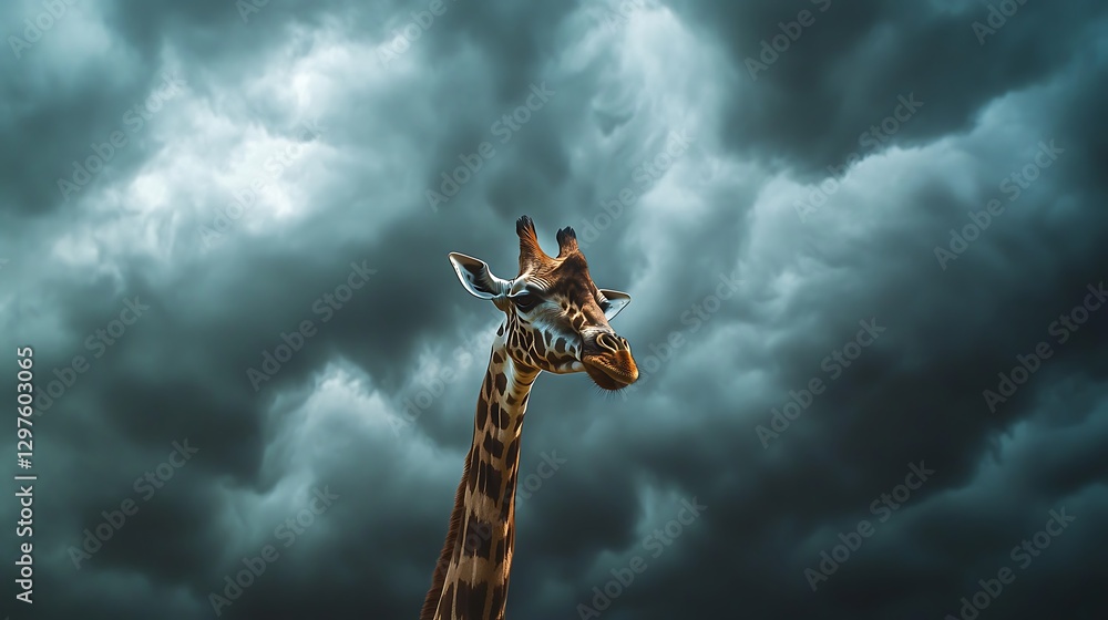 A tall giraffe with a dramatic expression against a backdrop of dark, ominous clouds, capturing the essence of nature's grandeur and unpredictability