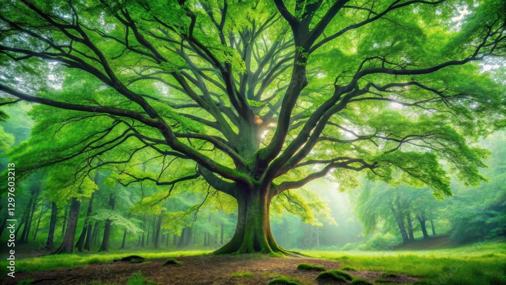 Majestic tree with vibrant green leaves standing alone in a serene forest surrounded by tall trees and lush greenery , green, leafy Majestic tree with vibrant green leaves standing alone in a serene forest surrounded by tall trees and lush greenery , green, leafy