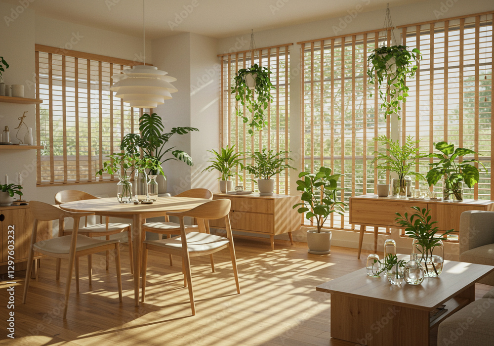 Modern Living Space with Natural Light and Indoor Greenery,Bright and Cozy Interior with Lush Green Plants and Wooden Furniture Modern Living Space with Natural Light and Indoor Greenery,Bright and Cozy Interior with Lush Green Plants and Wooden Furniture