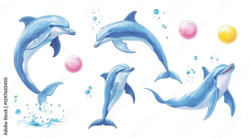 Fototapeta premium A whimsical watercolor dolphin, azure-hued, sports a playful pink ball in its mouth, gliding gracefully to the right over a serene cerulean sea