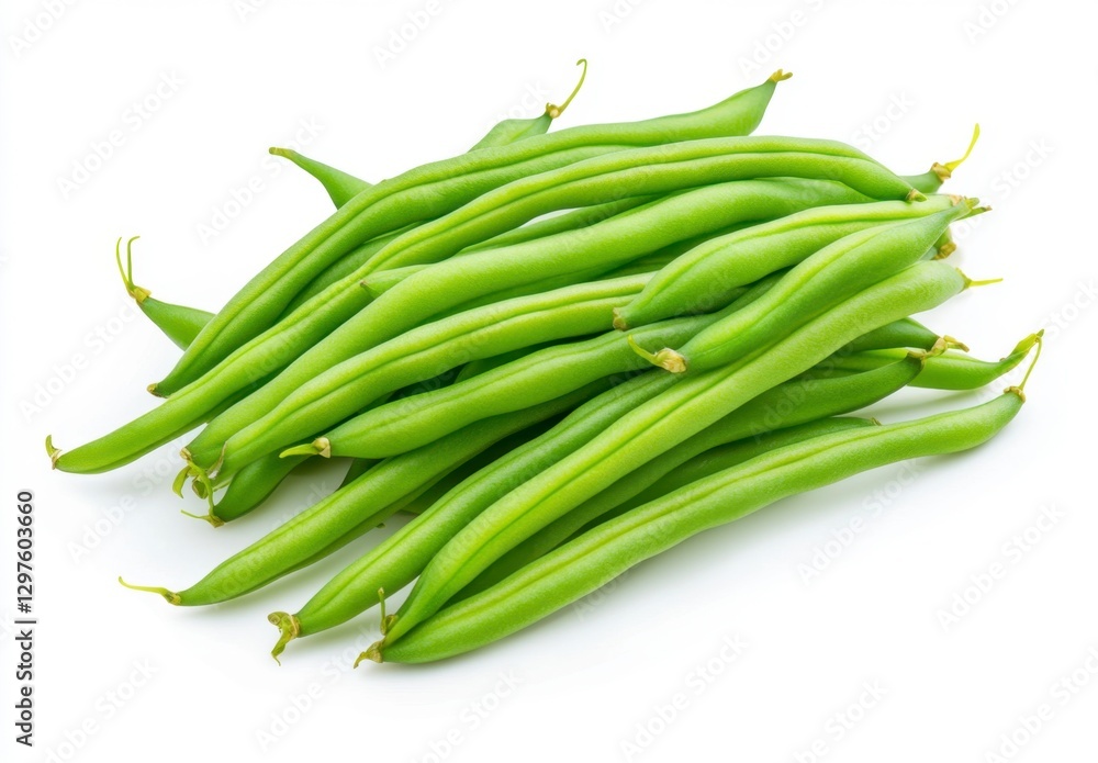 Fresh green beans arranged on a white background. Bright, vibrant color and close up view. Healthy food photography Fresh green beans arranged on a white background. Bright, vibrant color and close up view. Healthy food photography
