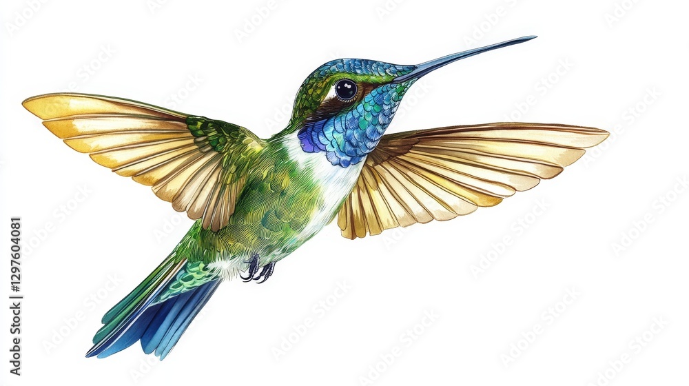 Fototapeta premium A dazzling watercolor captures a golden-brown hummingbird in graceful flight, with wings outstretched and vibrant feathers catching the light as it glides to the left