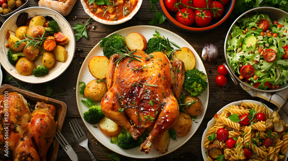 Rustic Table Setting with Savory Roast Chicken and Side Dishes Rustic Table Setting with Savory Roast Chicken and Side Dishes