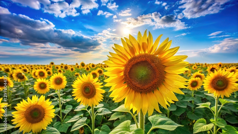 Vibrant sunflower field with tall, colorful blooms against a bright blue sky, happy, bloom, happy Vibrant sunflower field with tall, colorful blooms against a bright blue sky, happy, bloom, happy