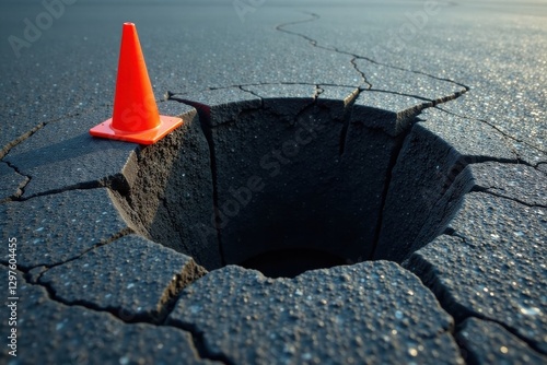 A single safety cone sits precariously atop a fractured, dark surface, a gaping chasm yawning beneath it, hinting at hidden depths and potential danger