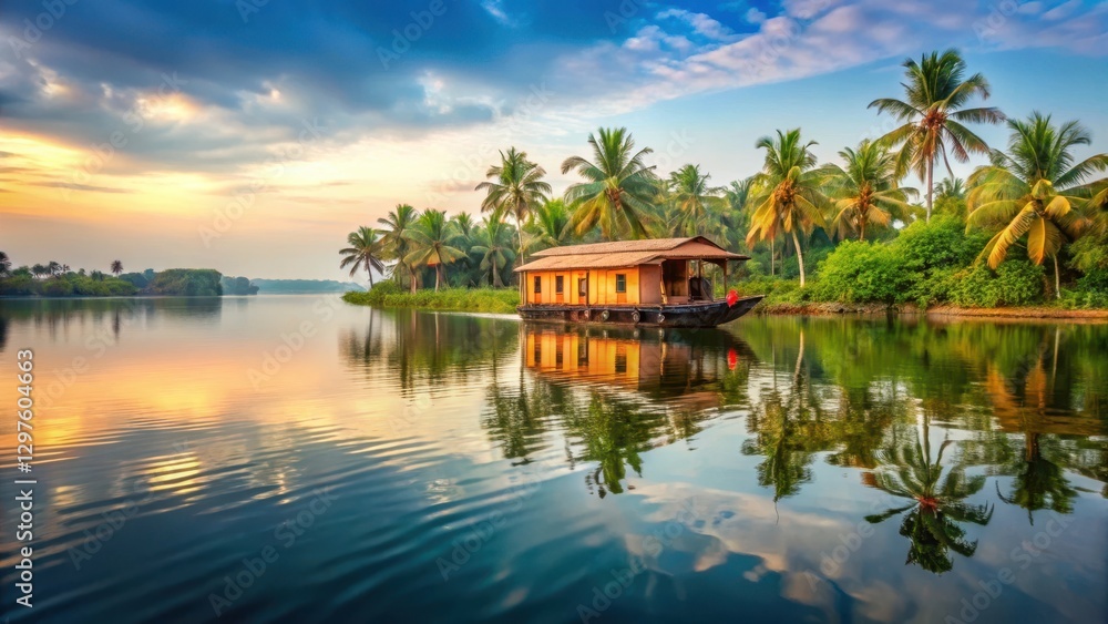 Serene backwaters reflect tranquility as a houseboat glides effortlessly on its journey , Nature, India, Nature Serene backwaters reflect tranquility as a houseboat glides effortlessly on its journey , Nature, India, Nature