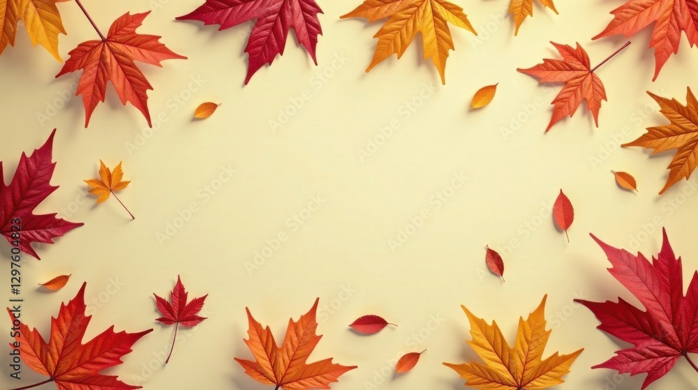 Autumnal Leaf Border on Pale Yellow Background A Festive Composition of Red and Orange Foliage Autumnal Leaf Border on Pale Yellow Background A Festive Composition of Red and Orange Foliage