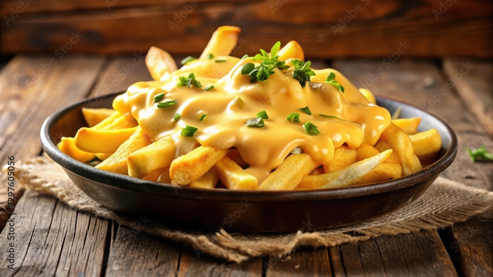 Sizzling cheesy fries with a generous helping of melted cheese sauce, oozing out of the sides, creating a gooey and savory delight for foodies, melted cheese sauce, golden Sizzling cheesy fries with a generous helping of melted cheese sauce, oozing out of the sides, creating a gooey and savory delight for foodies, melted cheese sauce, golden