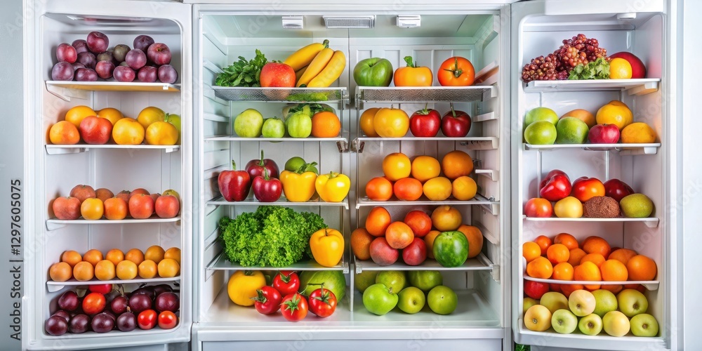 Freshly opened fridge with two doors revealing a colorful arrangement of juicy fruits like apples, oranges and grapes on shelves, healthy eating, open door Freshly opened fridge with two doors revealing a colorful arrangement of juicy fruits like apples, oranges and grapes on shelves, healthy eating, open door