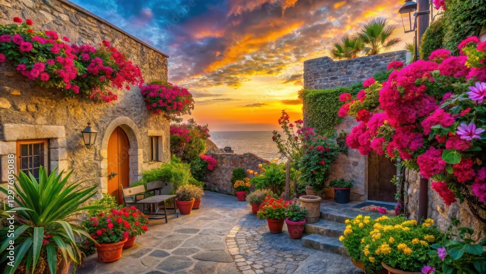 Fototapeta premium Courtyard with vibrant colorful flowers by the Mediterranean sea at sunset, surrounded by ancient stone walls and lush greenery, kitschy, italian courtyard