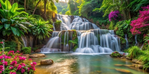 Pak Khlong cascading waterfall in lush greenery, surrounded by tropical plants and vibrant flowers