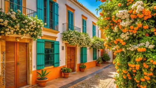 Vibrant orange groves with blooming jasmine flowers and turquoise shutters on Andalusian architecture , jasmine flowers, sunny streets