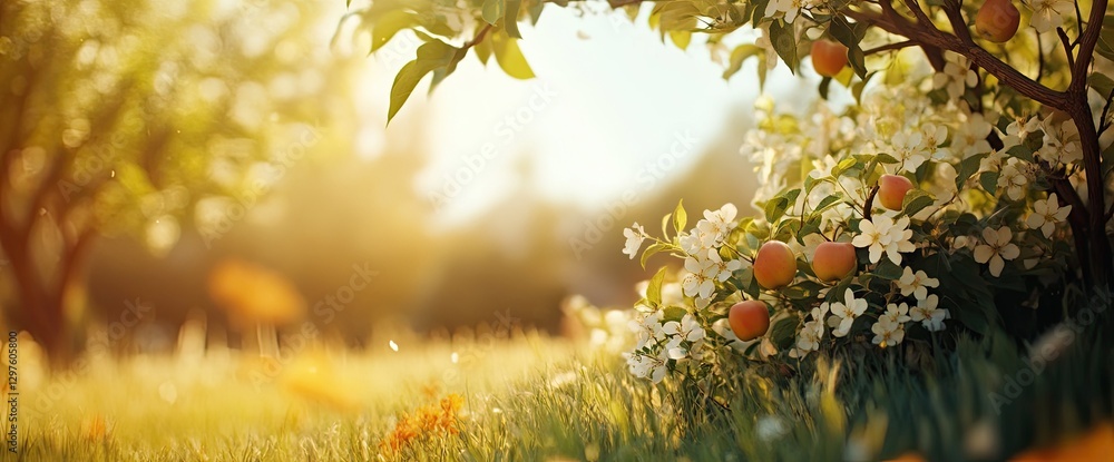 Vibrant Spring Floral Background with Apple Tree Flowers for Biophilic Design, Organic Product Packaging, Social Media Banners Vibrant Spring Floral Background with Apple Tree Flowers for Biophilic Design, Organic Product Packaging, Social Media Banners