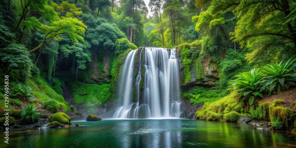 Obraz premium waterfall in forest surrounded by tall trees, greenery, outdoors, greenery, outdoors, peaceful