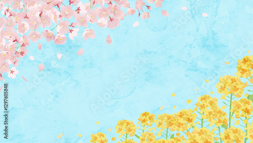 桜と菜の花の水彩風の風景ベクターイラスト