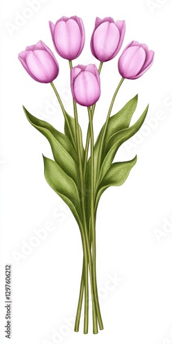 Wallpaper Mural Five light purple tulips with green stems and leaves against a white background. The image is a simple botanical illustration Torontodigital.ca