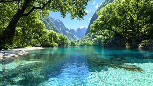 Serene mountain lake, lush trees, sunny day, peaceful scene, travel poster