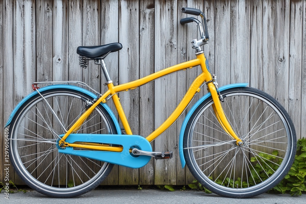Yellow bike leaning wood fence Yellow bike leaning wood fence