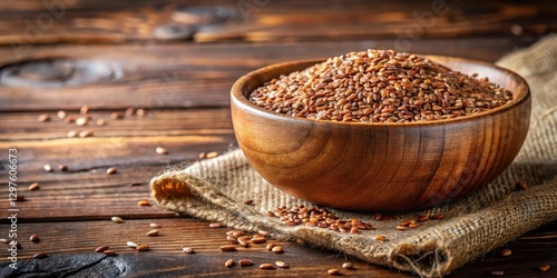 Wooden bowl filled with organic flaxseed on a rustic table, natural fiber, flaxseed,  natural fiber