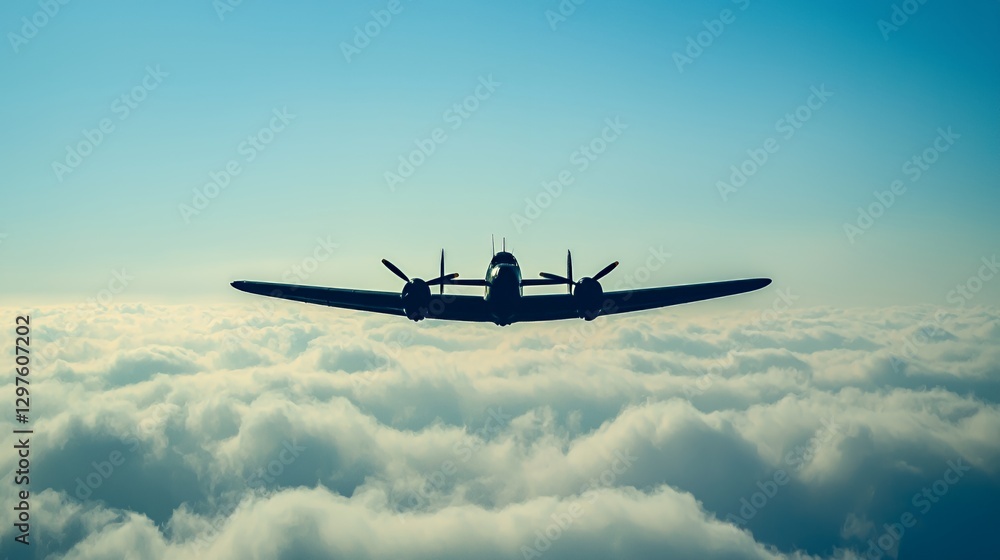 Fototapeta premium Silhouette of a Vintage Airplane Soaring Above Fluffy White Clouds Against a Blue Sky