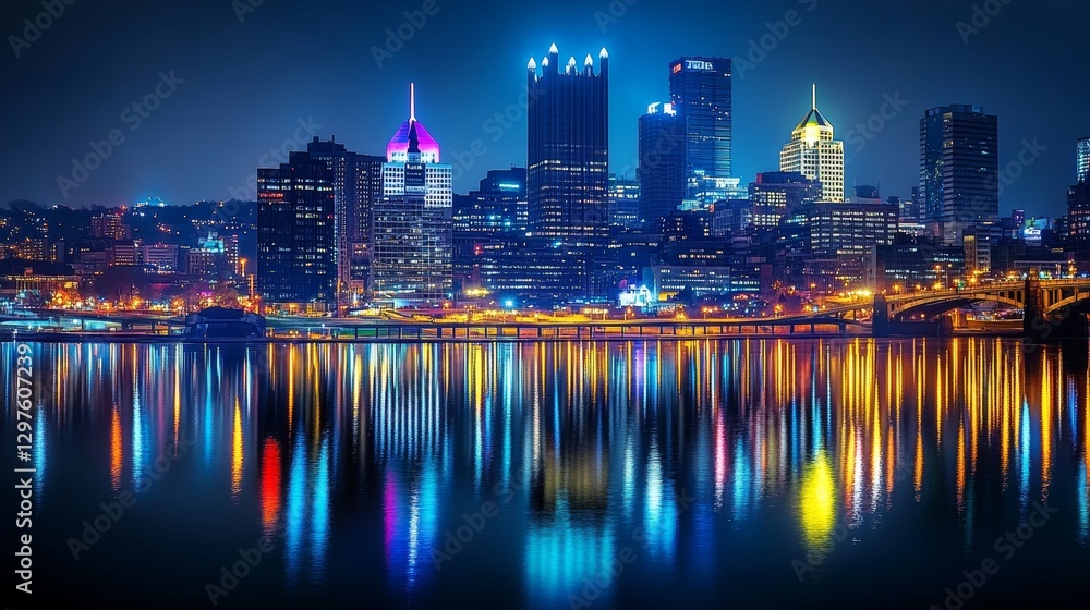 Naklejka premium city skyline at night with lights reflecting on the river