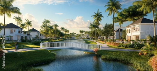 Tranquil residential community with canal and bridge