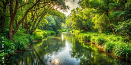 Serene watercourse winding through lush vegetation, lush greenery, nature, lush greenery