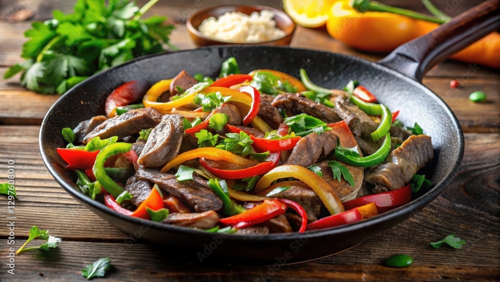 Sizzling beef strips and saut?ed onions and bell peppers falling from a hot skillet onto a bed of fresh cilantro , food, fall, food Sizzling beef strips and saut?ed onions and bell peppers falling from a hot skillet onto a bed of fresh cilantro , food, fall, food