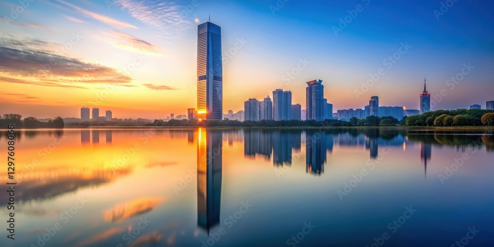 Naklejka premium Sleek skyscraper reflected in a serene lake at dawn, cityscape, water reflection