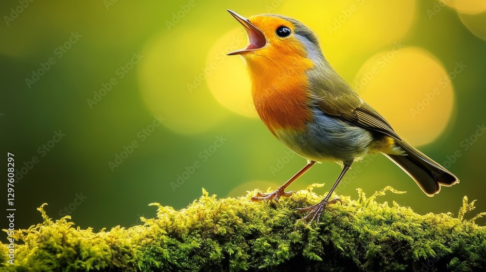 Obraz premium Robin singing on a mossy branch. animal high-resolution photography