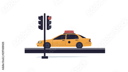 A simple vector illustration depicting a yellow taxi cab stopped at a traffic light. The taxi is facing to the right. The illustration is in a flat design style with a minimal color palette.  The