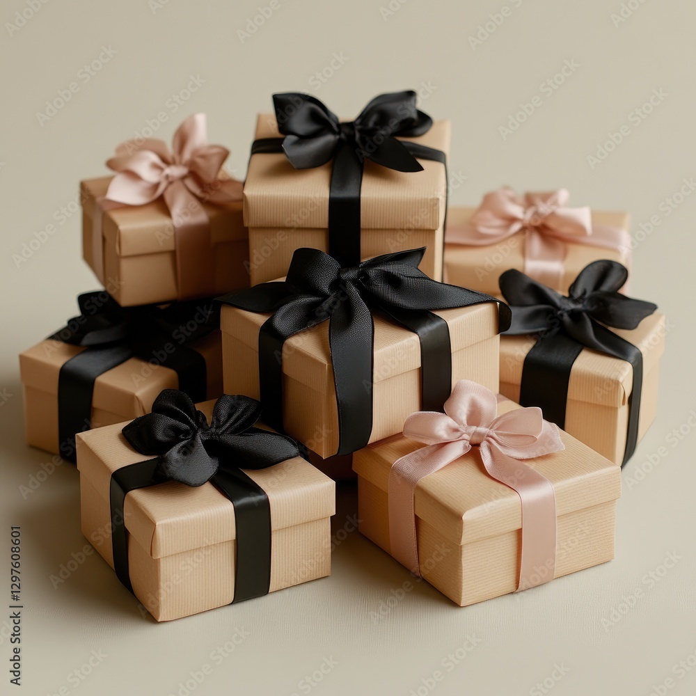 Obraz premium Elegant Gift Boxes with Bows: Neutral Colors and Stylish Ribbons