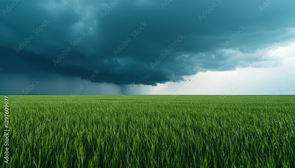Beauty in nature landscape concept. Dark storm clouds loom over a vibrant green field, creating a dramatic landscape scene. Beauty in nature landscape concept. Dark storm clouds loom over a vibrant green field, creating a dramatic landscape scene.