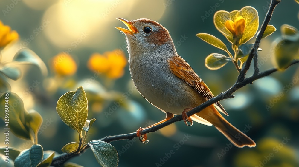 Robin singing on a mossy branch. animal high-resolution photography Robin singing on a mossy branch. animal high-resolution photography