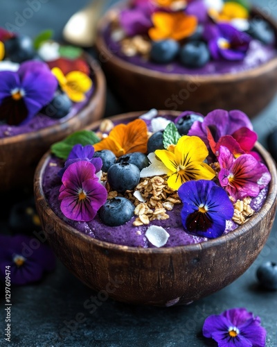 Vibrant Bowls of Smoothie Topped with Edible Flowers and Fresh Berries on Rustic Surface