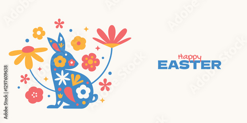 Colorful easter background with decorative bunny, rabbit, plant.